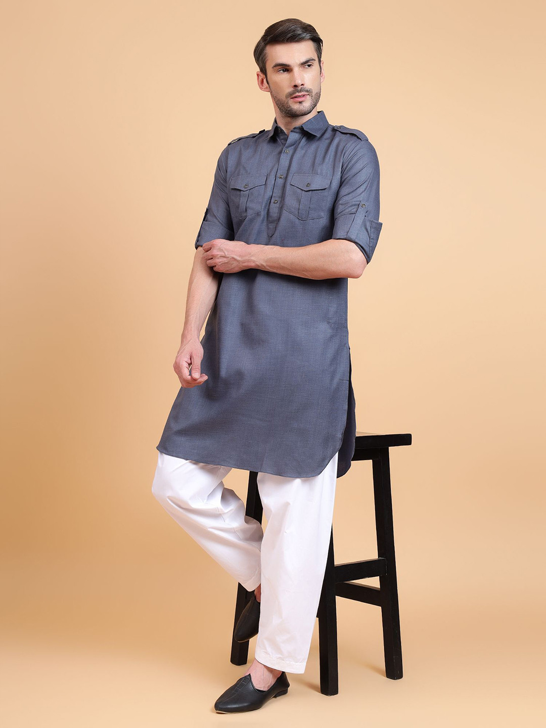 Sultan The King Of Kurta Shirt Collar Roll-Up Sleeves Cotton Pathani Kurta