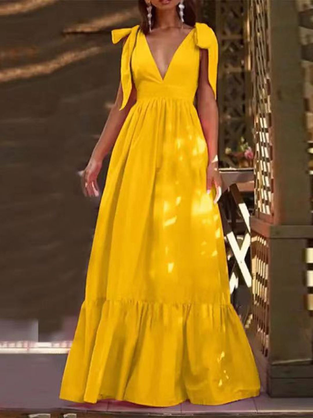 bebe Yellow Plunge V-Neck Tie Shoulder Tiered Maxi Dress