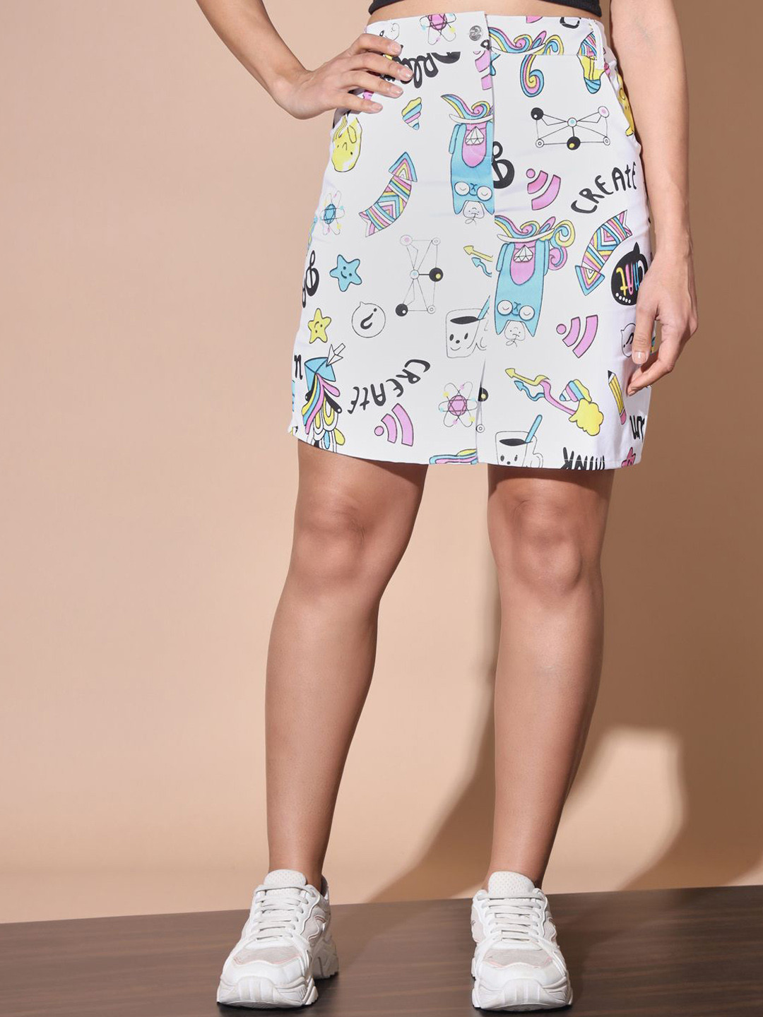 BUY NEW TREND Graphic Printed A-Line Mini Skirt With Front Slit