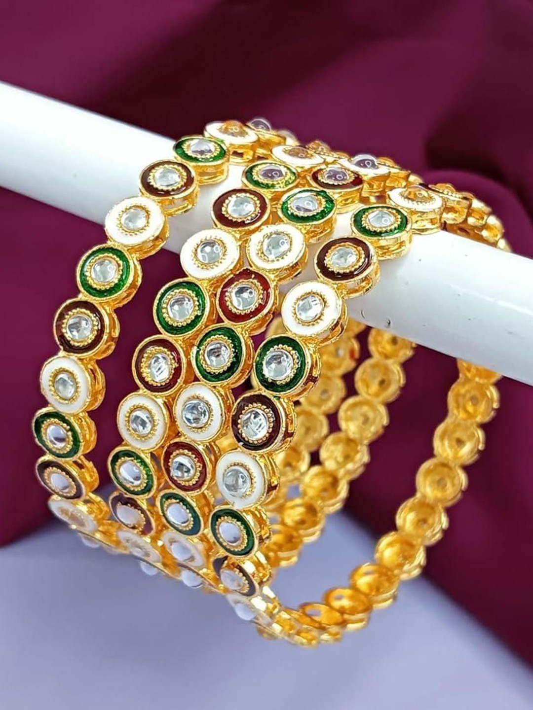 Crown Fabulous Jewellery Set Of 4 Gold-Plated Kundan Studded Meenakari Bangles