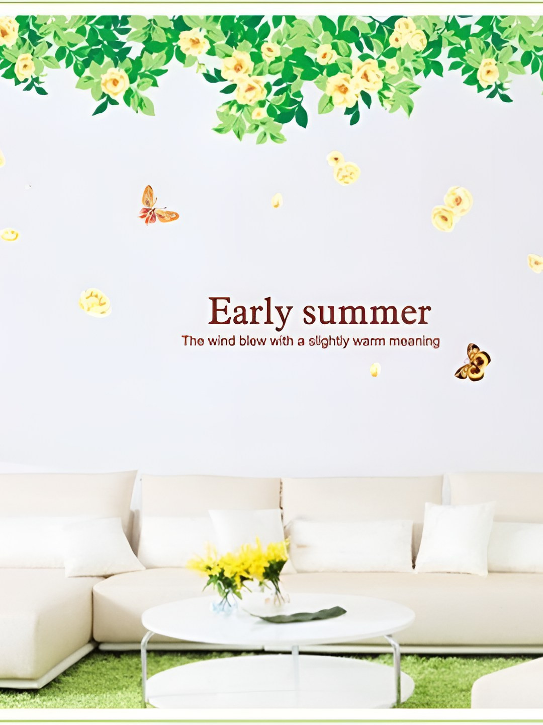 INDIAN ROYALS White & Green Leaves & Butterfly Printed Waterproof Wall Stickers