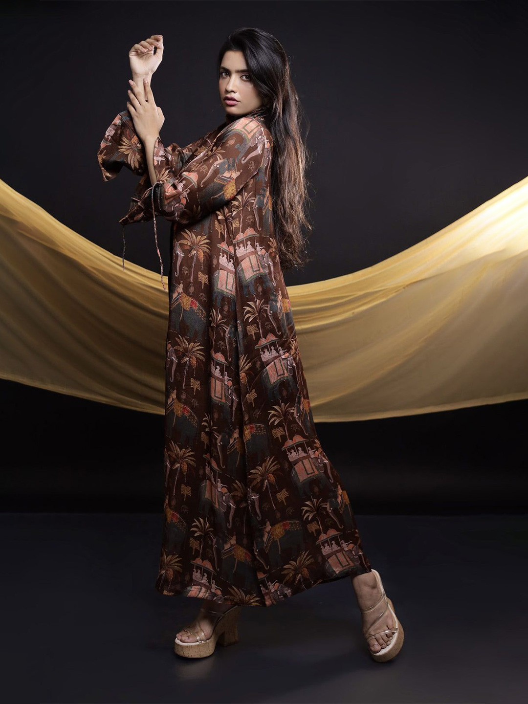 Boho Panache Women Floral Printed Bell Sleeves Maxi Dress