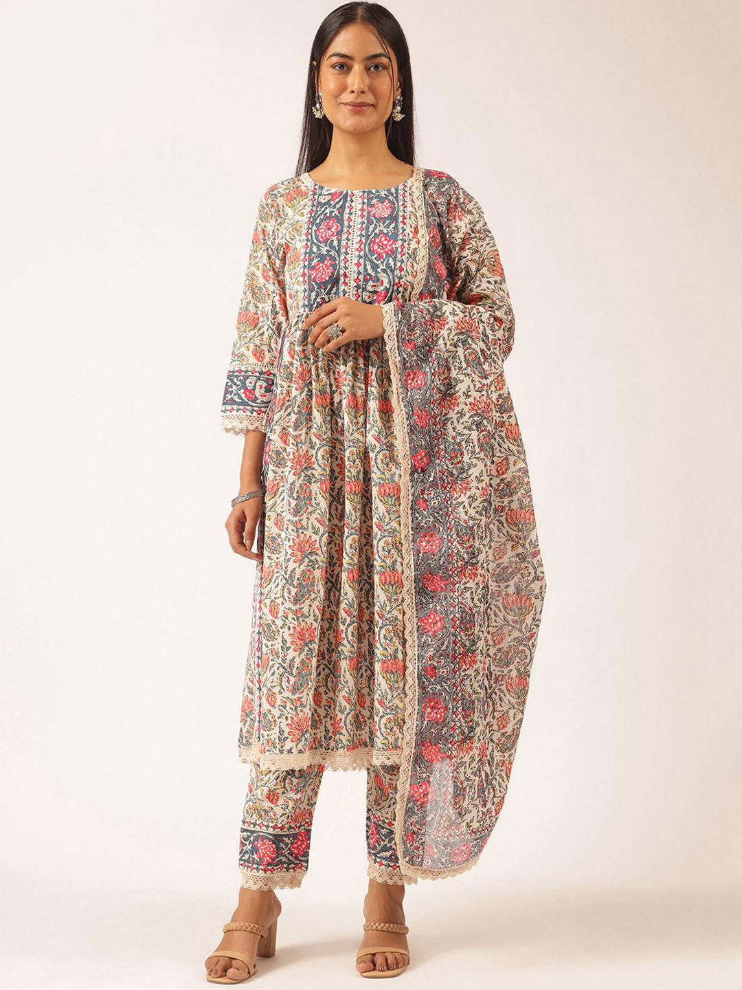 KALINI Women Floral Printed Regular Pure Cotton Kurta with Pant and Dupatta