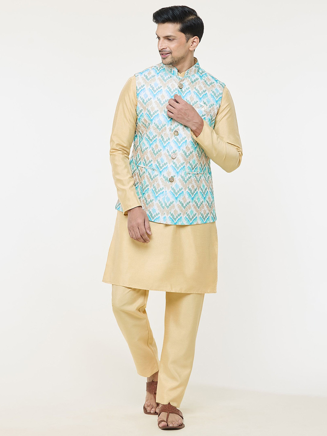 Arihant Rai Sinha Chevron Woven Design Pure Silk Mandarin Collar Nehru Jacket