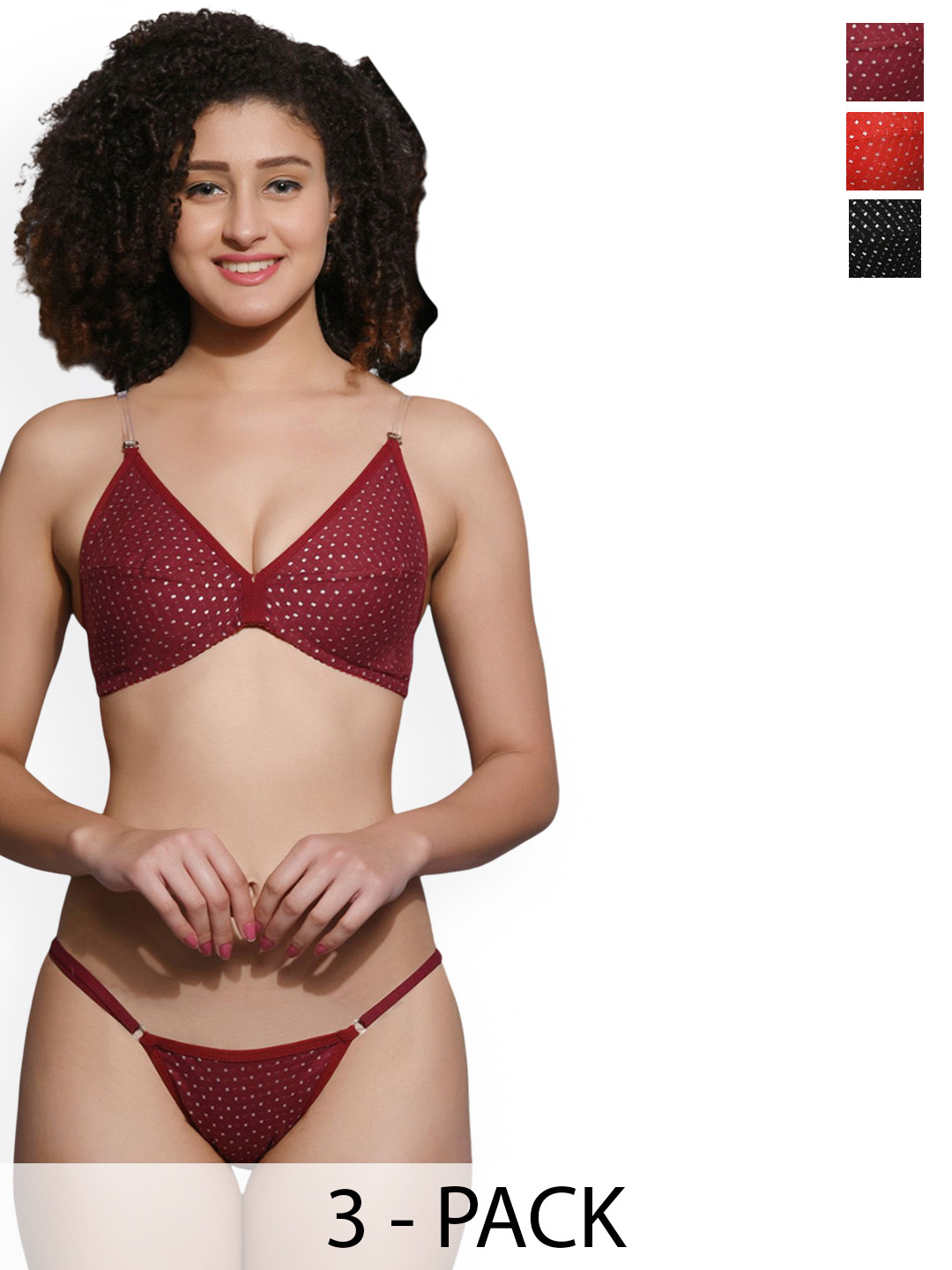 Love Maker Pack Of 3 Polka Dot Printed Non-Padded Lingerie Set LVM-BIJLI-MRN-RED-BLK-30B