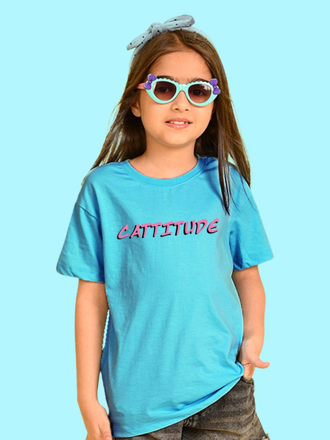 NUSYL Girls Cattitude Printed Round Neck Short Sleeves Oversized T-shirt