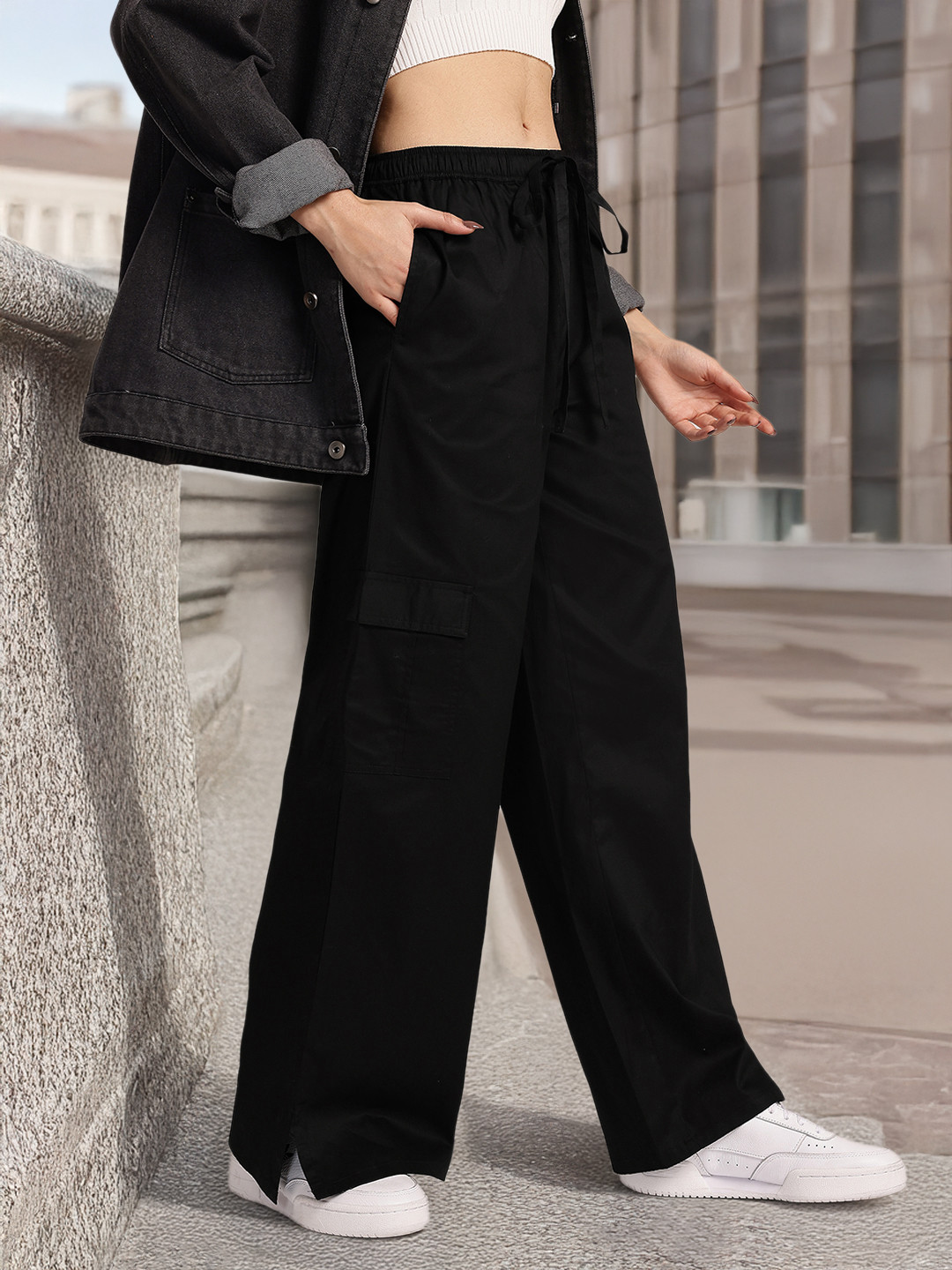 glitchez Women Pure Cotton Relaxed Fit Cargo-Style Wide Leg Trousers