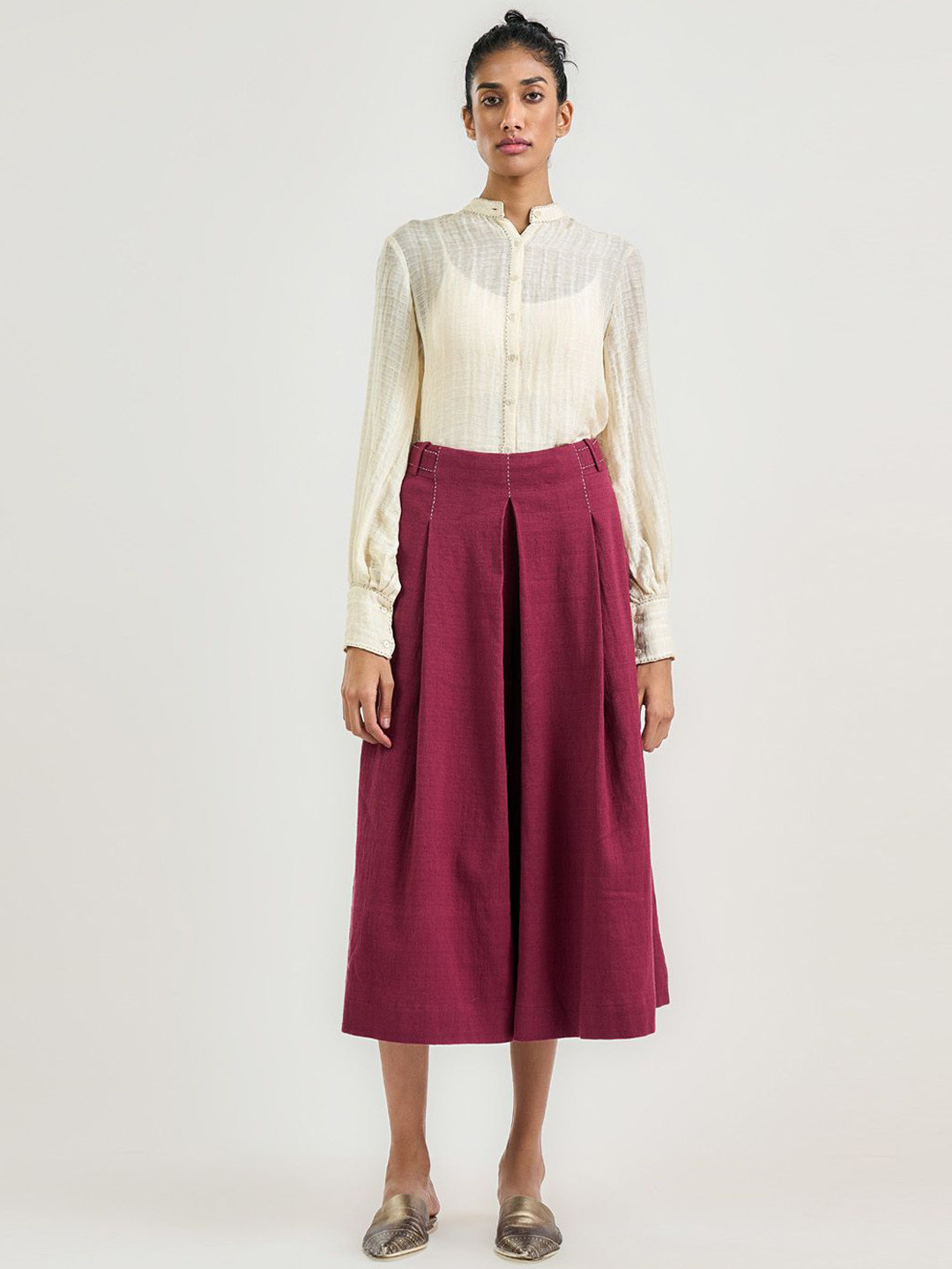 OTT Tarun Tahiliani Women Cotton Tailored Loose Fit High-Rise Pleated Culottes Trouser