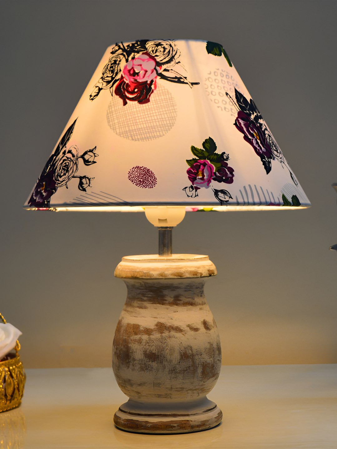 Decorcity White & Purple Printed Wooden Frustum Shaped Table Lamp