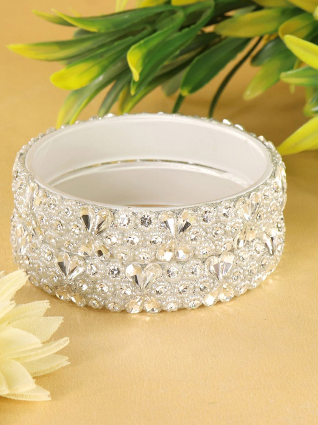 ZULKA Set Of 2 Zircon Gemstones & Kundan Beads Kada Bangles