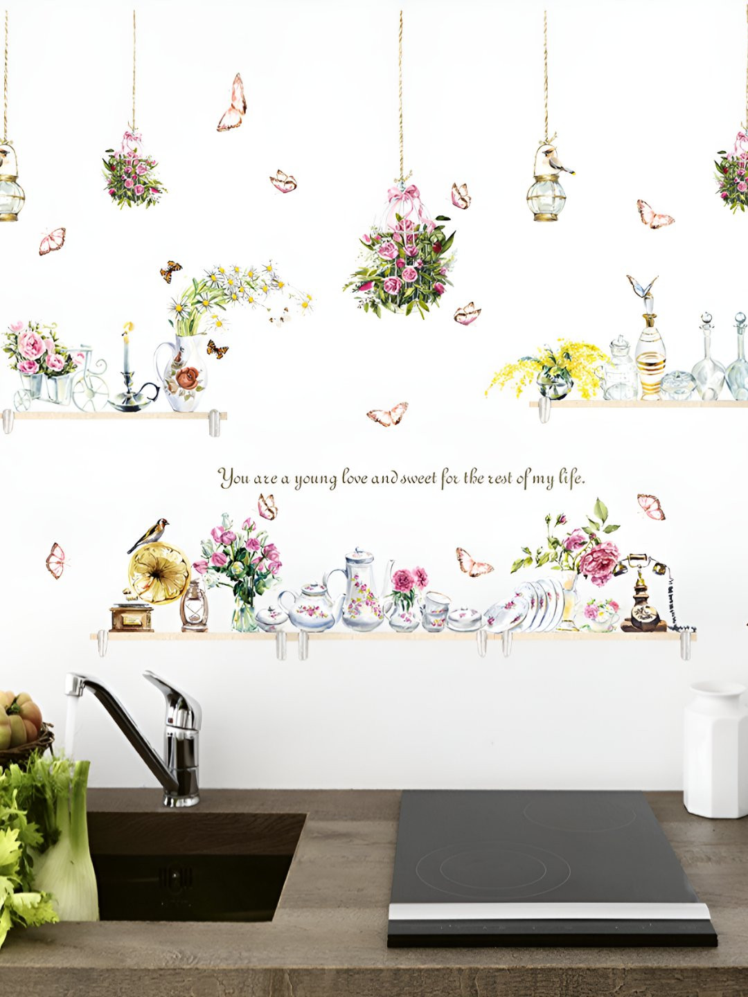 INDIAN ROYALS Pink & Green Butterfly European Style Tableware Self Adhesive Wall Sticker