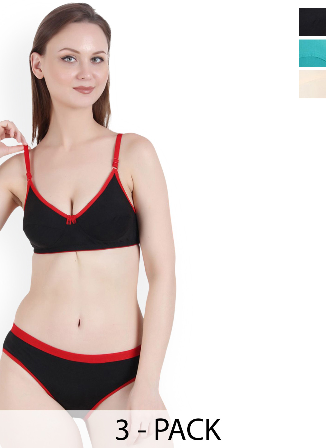 Love Maker Pack Of 3 Non-Wired Non Padded Lingerie Set LVM-777-BLK-GRN-BEG-30B