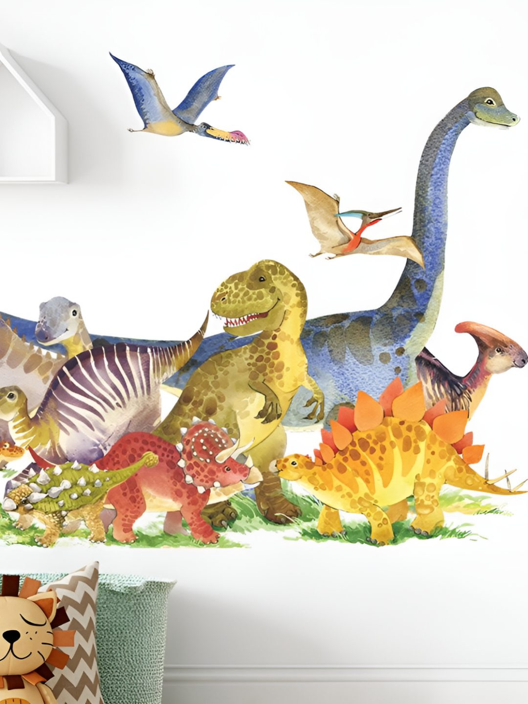 INDIAN ROYALS Green & Blue  Dinosaur Group Printed Self-Adhesive & Durable Wall Sticker