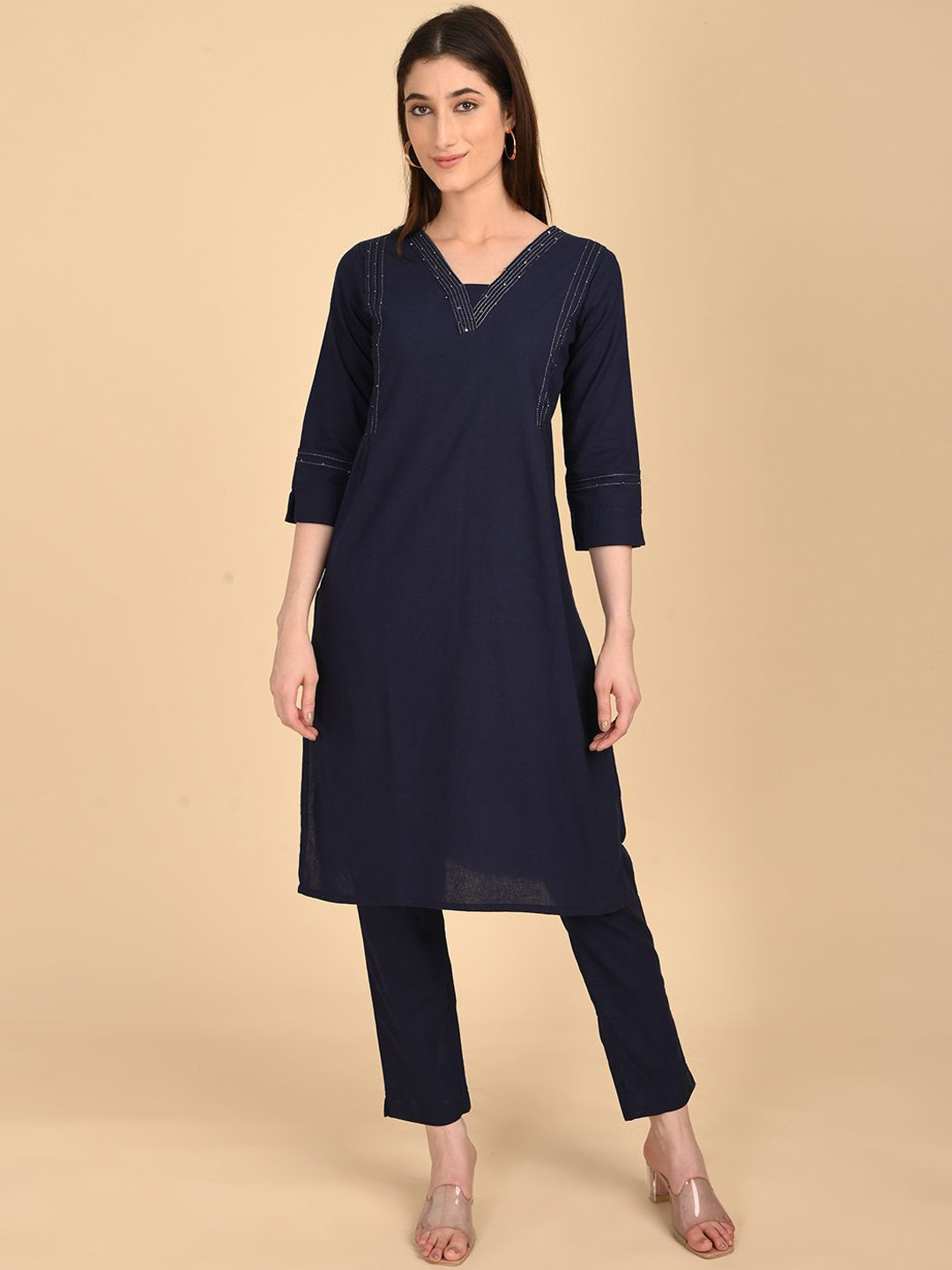 Marcia V Neck Thread Work Pure Cotton Kurta With Trousers
