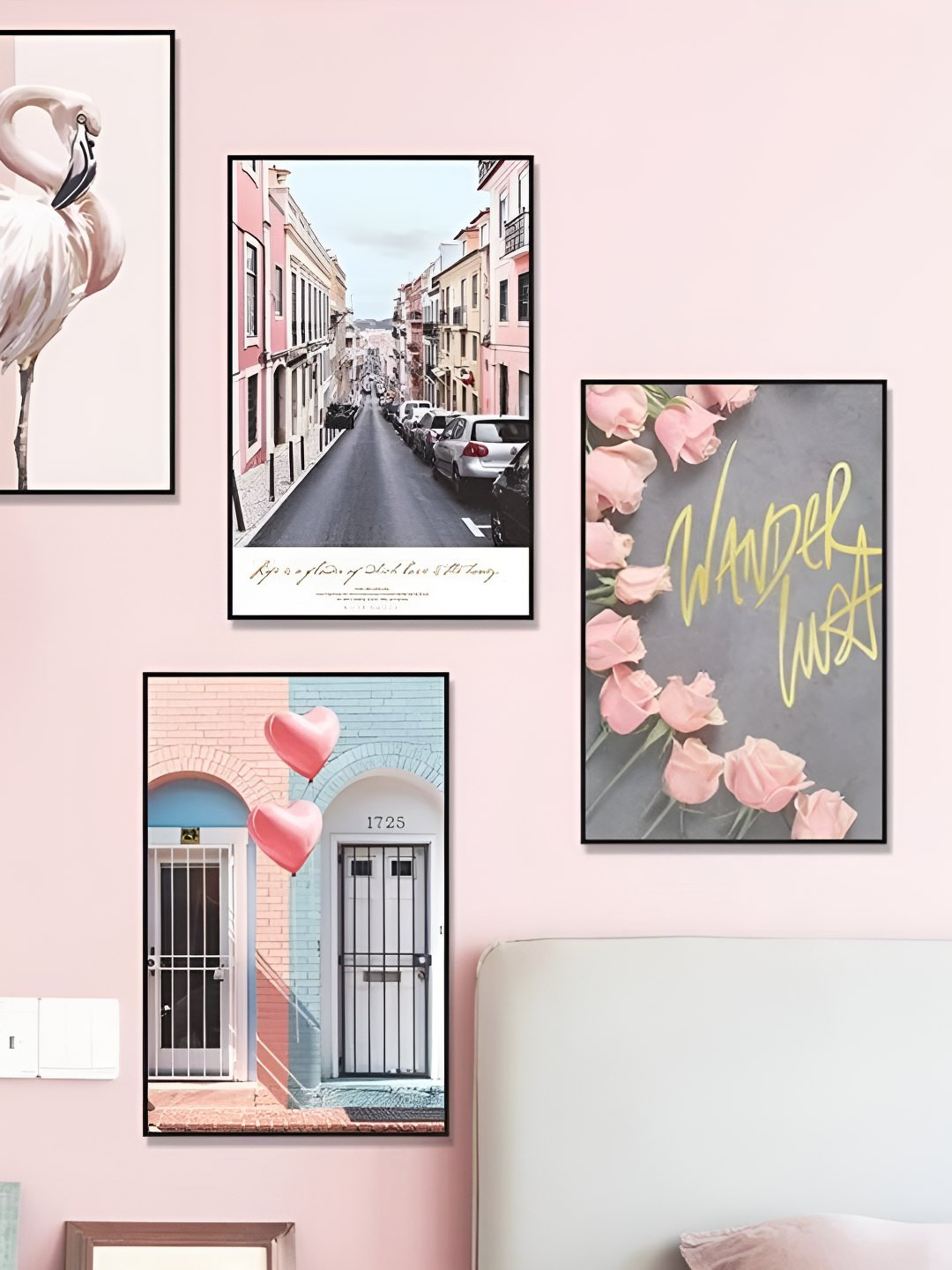 INDIAN ROYALS Pink & Grey 3D Nordic Framed Printed Waterproof Wall Stickers