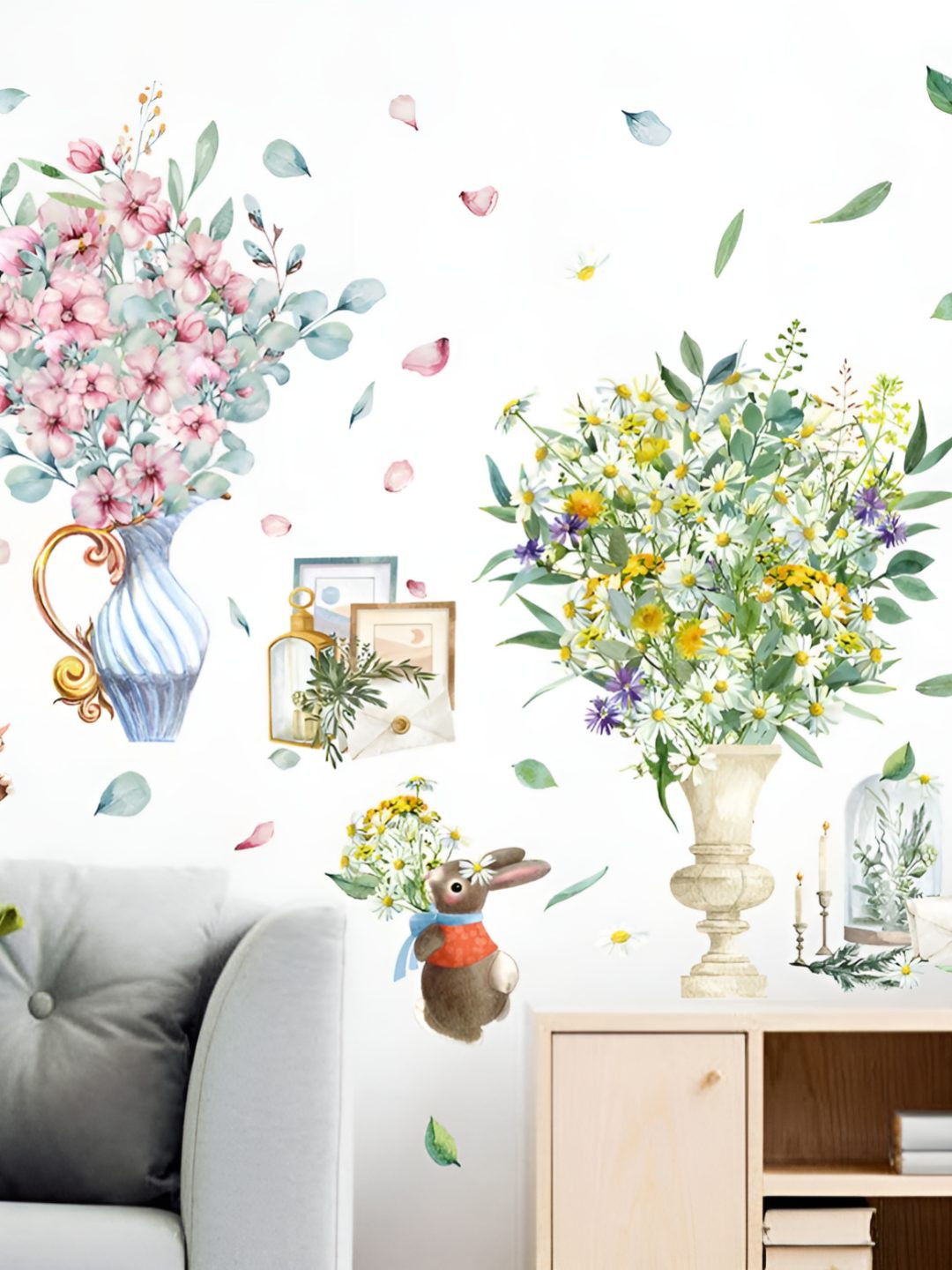 INDIAN ROYALS Green & Pink Small Flower Vase Beside Cabinet Printed Wall Stickers