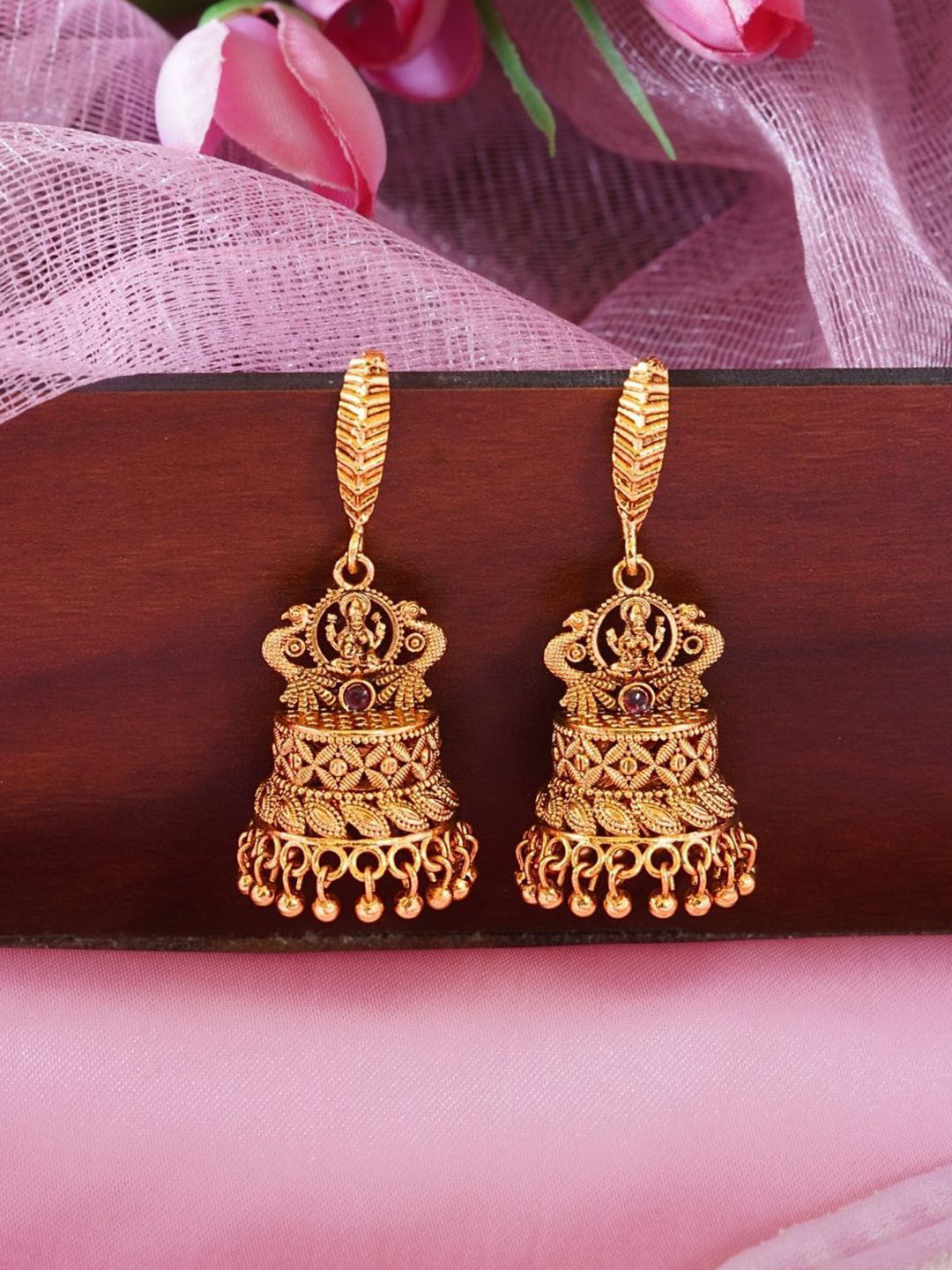 INC63 Women Artistic Laxmi Brass Temple Jhumka with 22KT in Matte Gold
