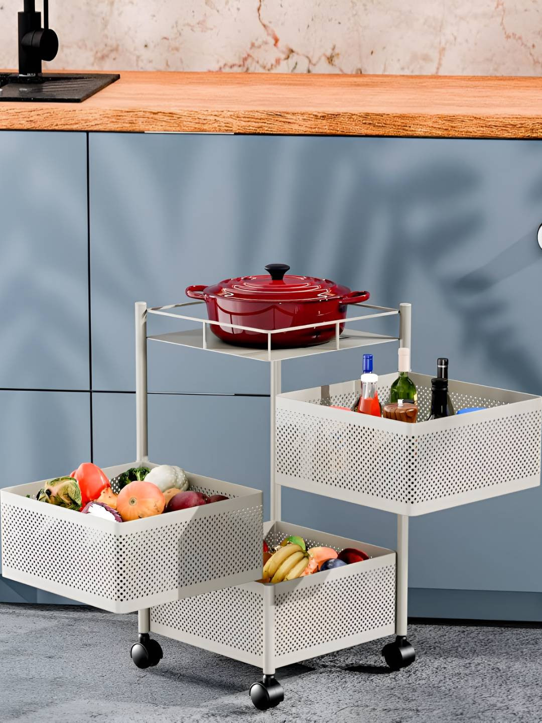 TEX-RO White 3 Layer Metal Round Kitchen Trolley With Wheels