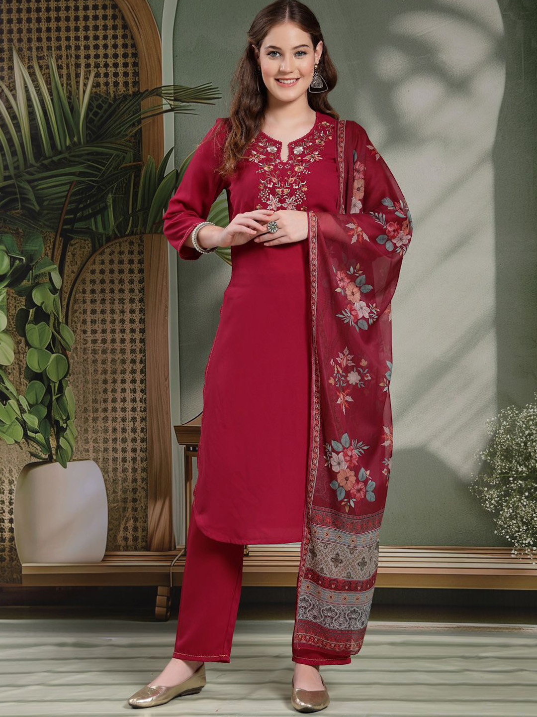 Nayam By Lakshita Solid Embroidered Straight Calf Length Kurta Set with Dupatta for Women