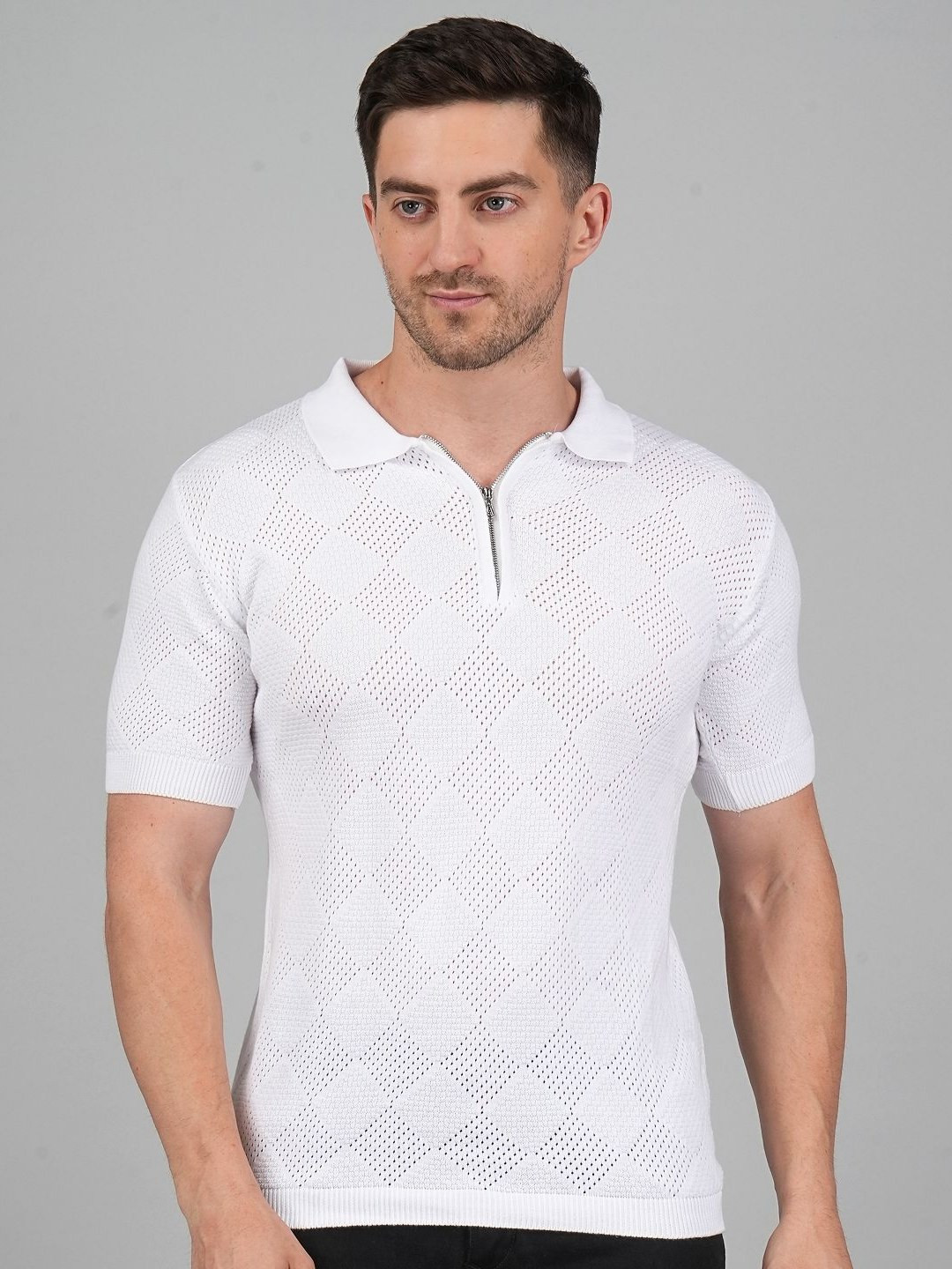 FEVERFEW Adults Self Design Polo Collar Pure Cotton Regular Fit T-shir