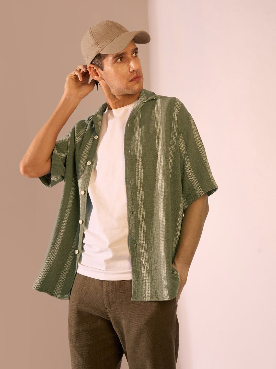 SELECTED Striped Cuban Collar Organic Cotton Regular Fit Casual Shirt