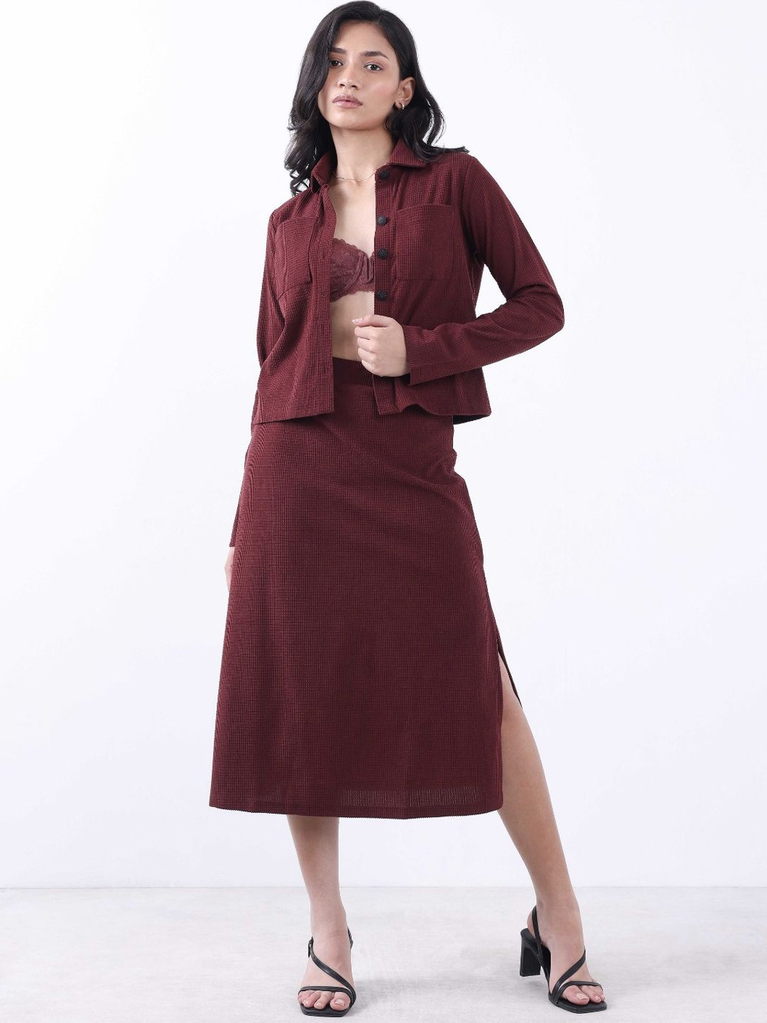 Bonnaty Women Brick Corduroy Jacket & Skirt Co-Ords Set