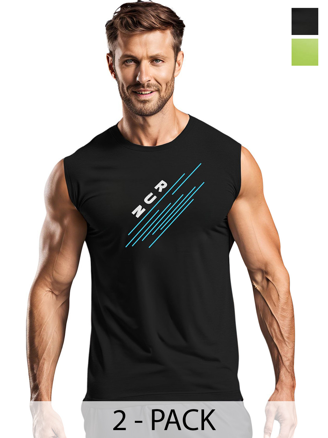 3Colors Pack Of 2 Printed Dri-FIT Gym Vests VEST-2C-CCUT-BLK CROSSRUNL_GREEN BULL_M