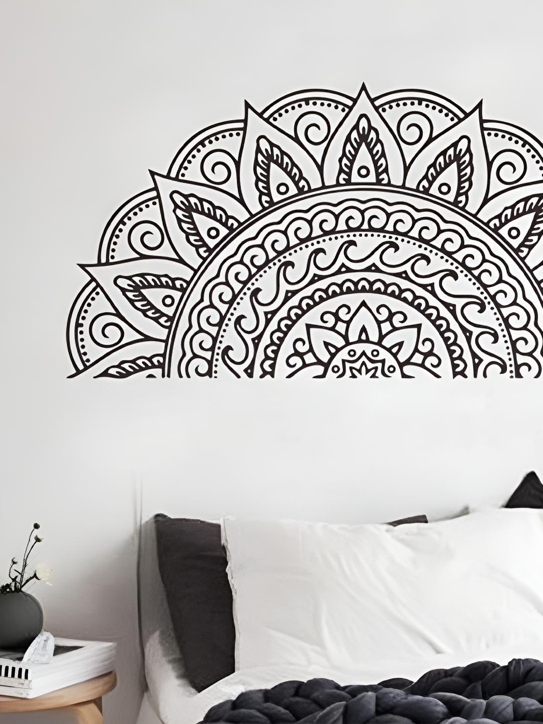 INDIAN ROYALS Black Half Mandala Printed Waterproof Wall Stickers