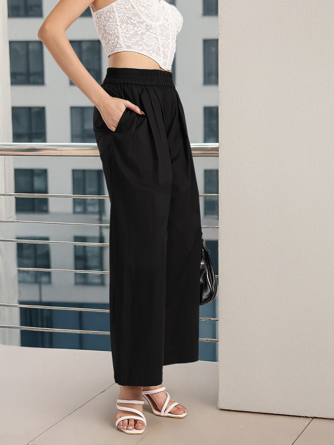 glitchez Women Poplin Cotton Relaxed Fit Pleated Wide Leg Trousers
