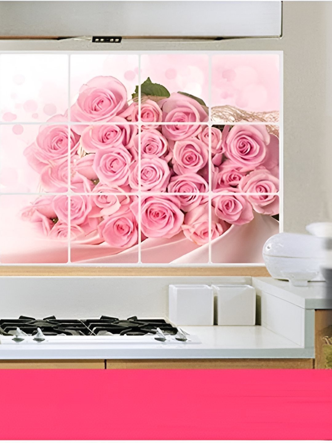 INDIAN ROYALS Pink & White Rose Flower Bouquet Printed Self-Adhesive WallStickers