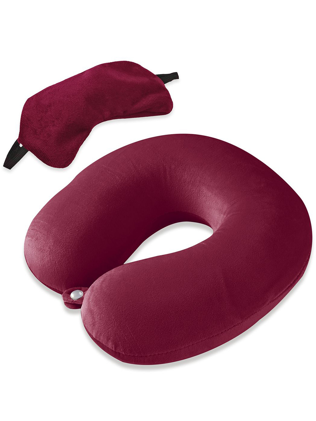 Kuber Industries Maroon Solid Polyester Set of 2 Firm Memory Foam Travel Pillow with Eye Mask-31 x 11 31 cm