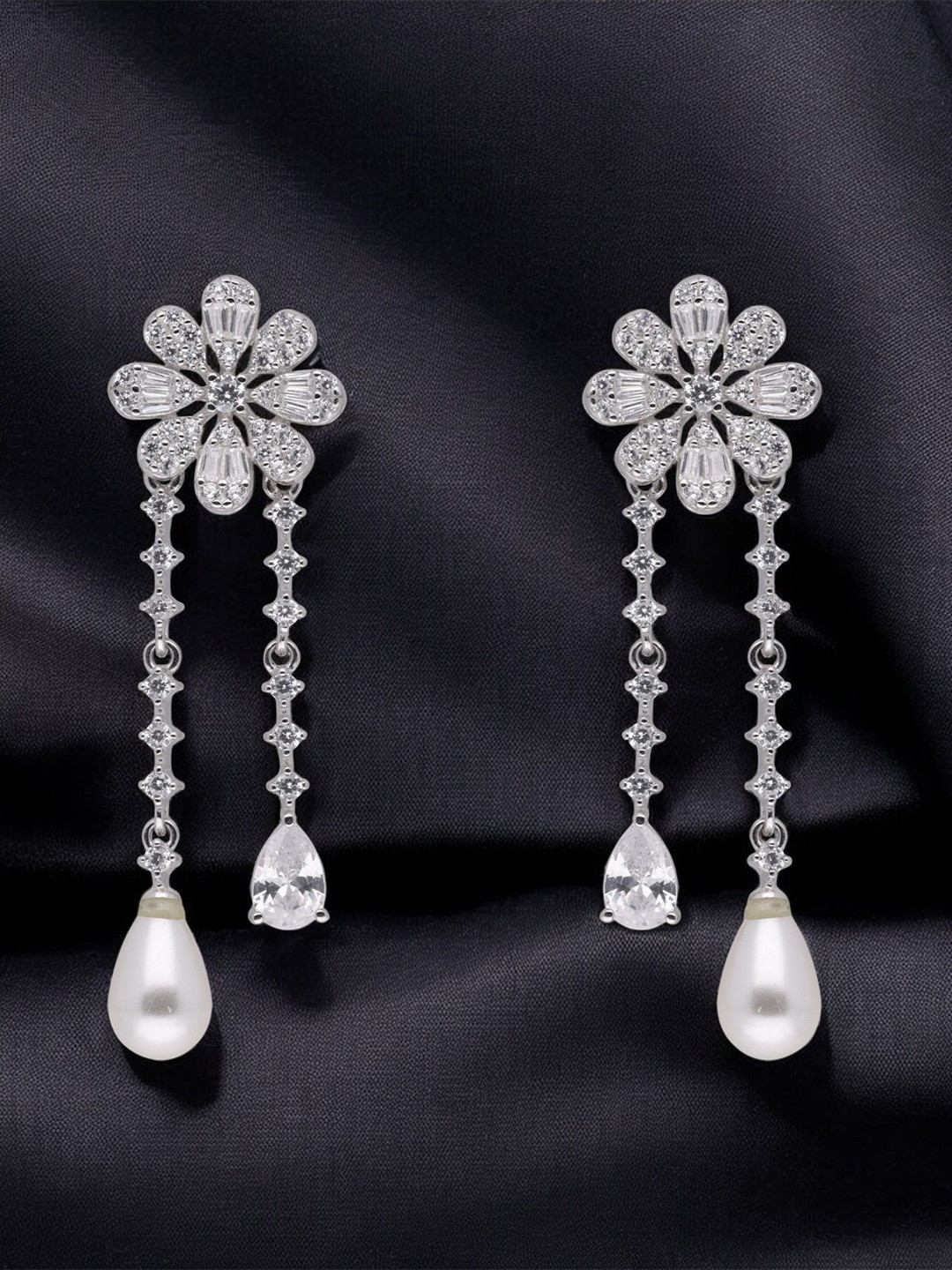 Crash.Club By CKC Silver-Plated Cubic Zirconia Studded Floral Shaped Drop Earrings