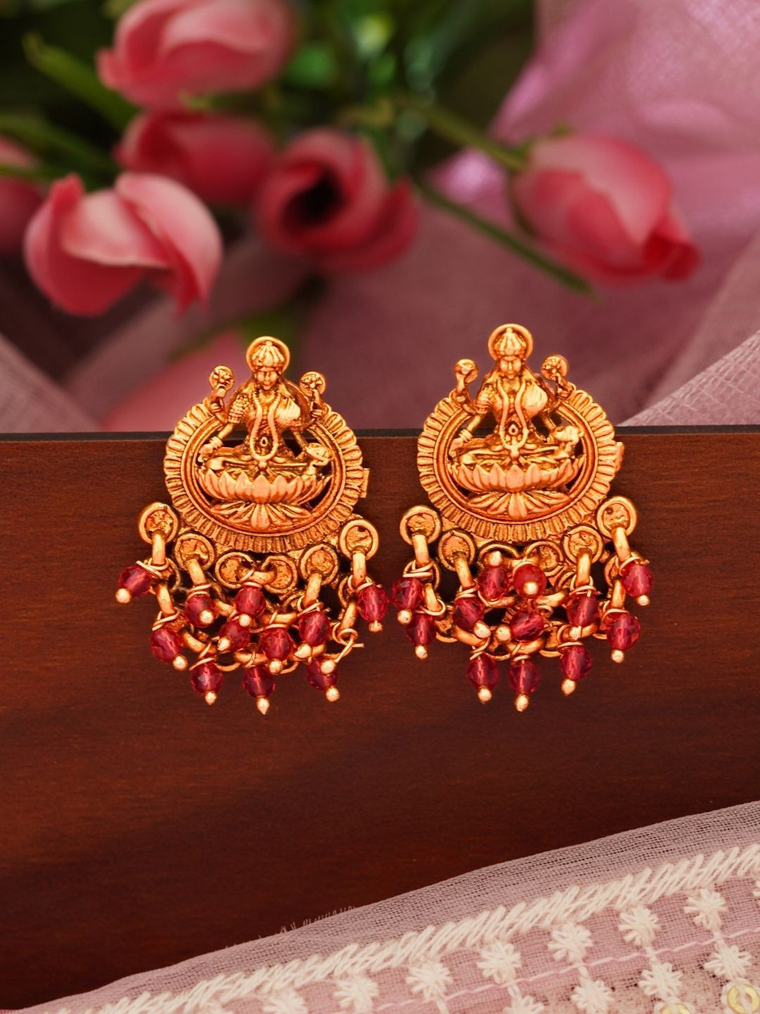 INC63 Classic Laxmi Temple Studs in Matte Gold with Red Motifs Earrings