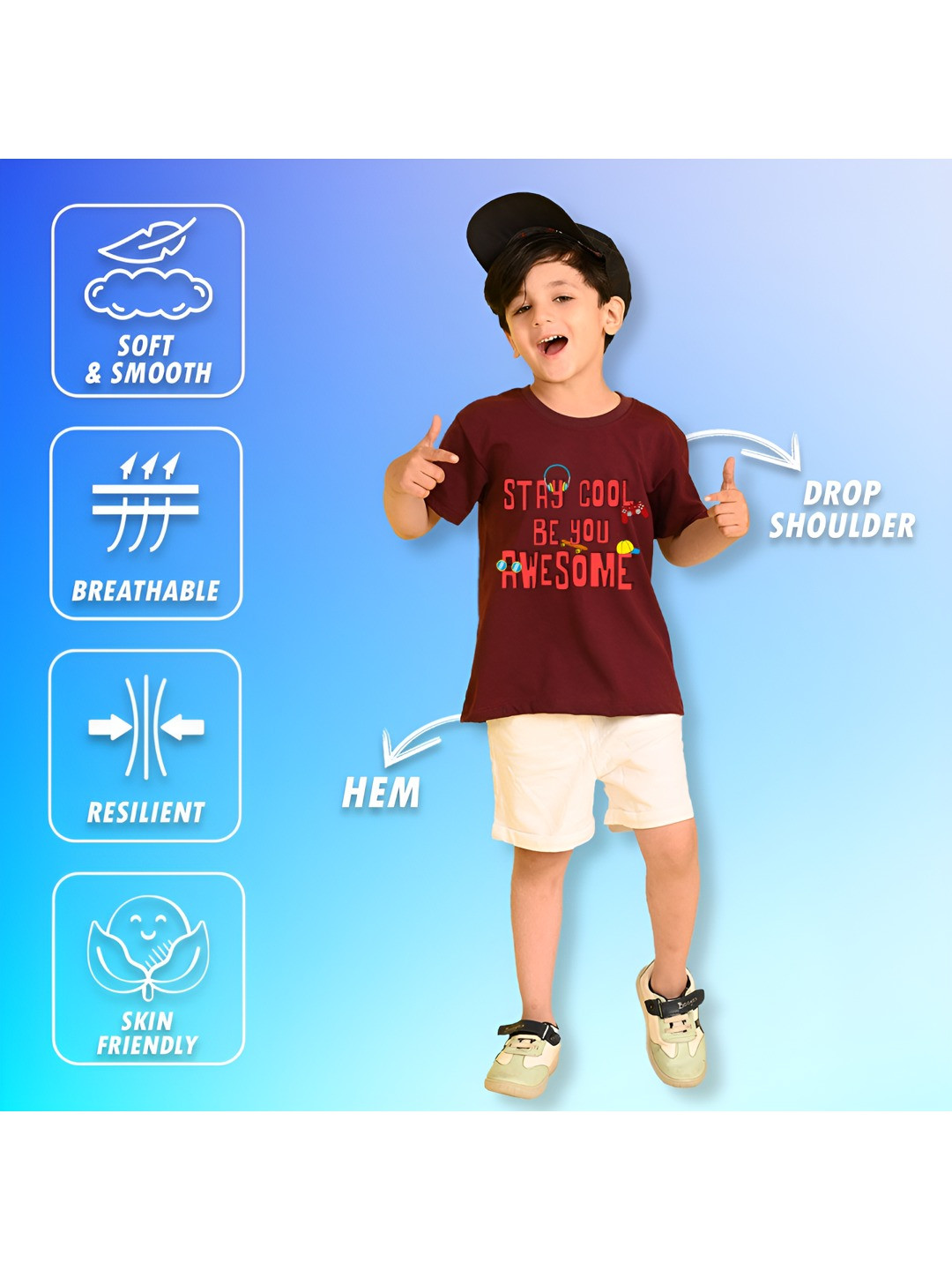 NUSYL Boys Stay Cool Be You Awesome Printed Drop-Shoulder Sleeves Oversized T-shirt