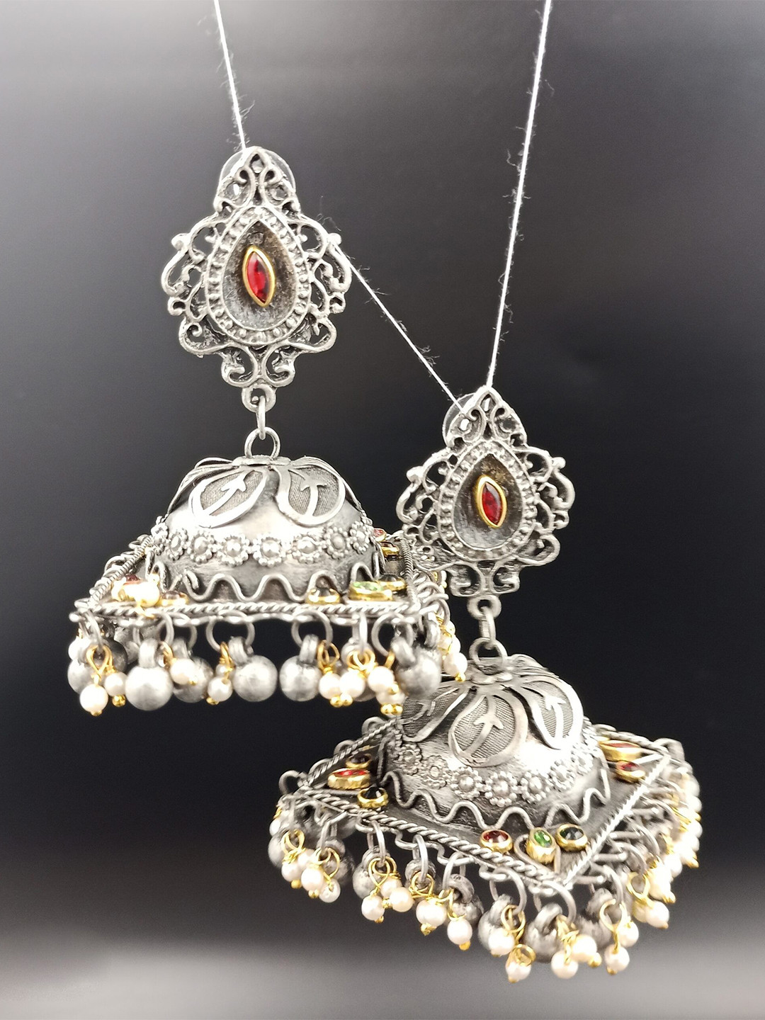 Bareilyy Artificial Stones Studded Dome Shaped Intricate Carved Jhumkas