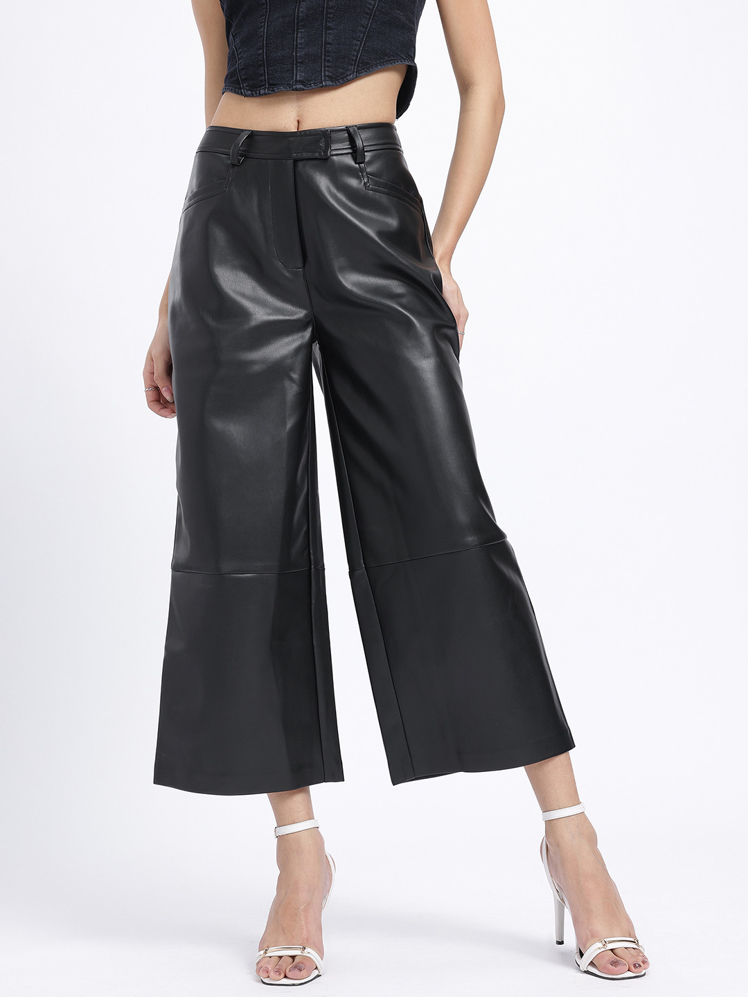 glitchez Women Faux Leather Cropped Trouser