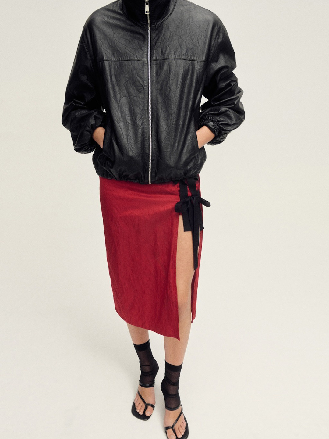 MANGO SELECTION Textured Mid-Rise Bow-Detail Side Slit Midi Party Straight Skirt with Shorts