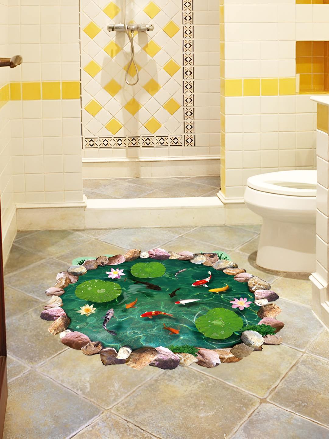 INDIAN ROYALS Green & Red Pond Fishes Flowers Leaves Printed Waterproof Wall Sticker