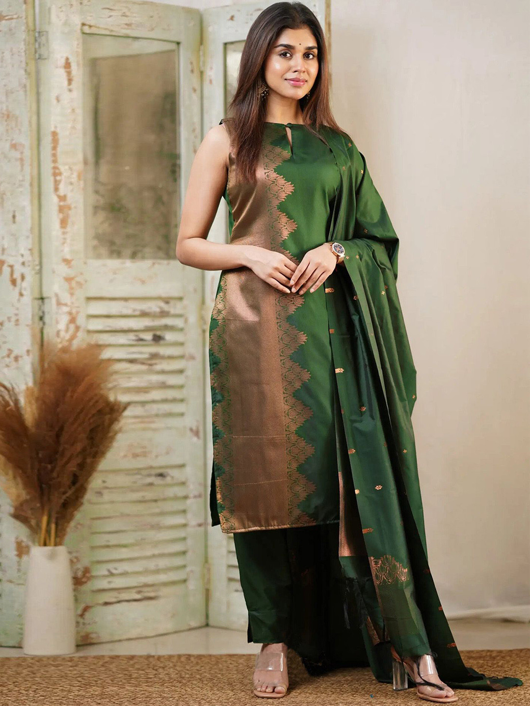 Kedar Fab Ethnic Motifs Woven Design Keyhole Neck Zari Kurta With Trousers & Dupatta
