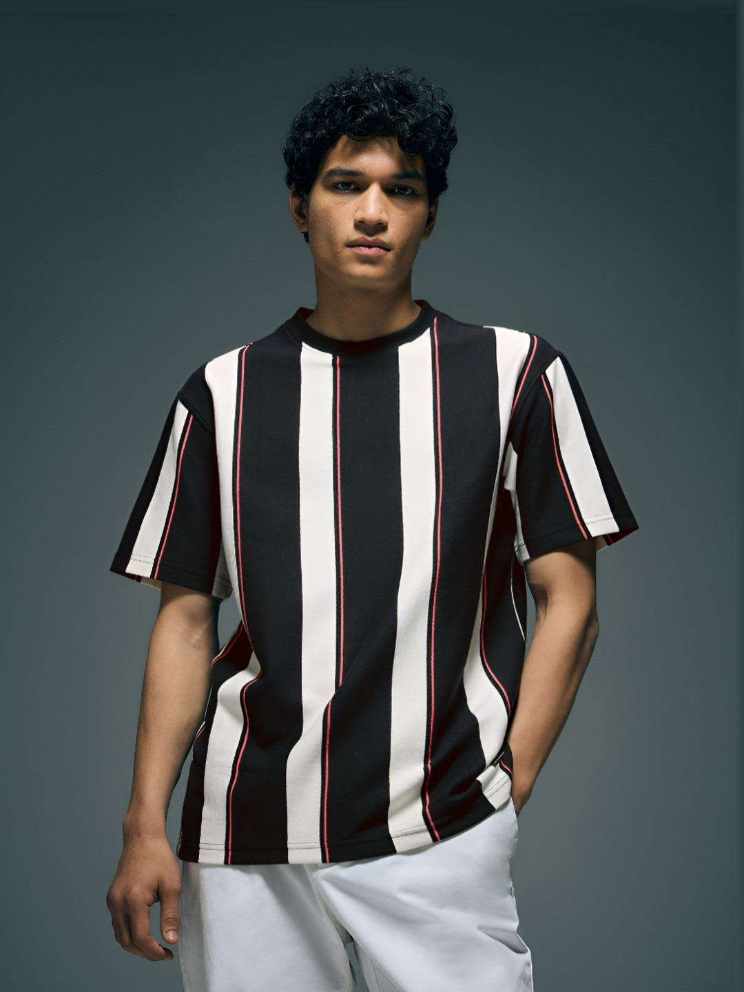 Flying Machine Striped Digitopia Round Neck Relaxed Fit T-shirt