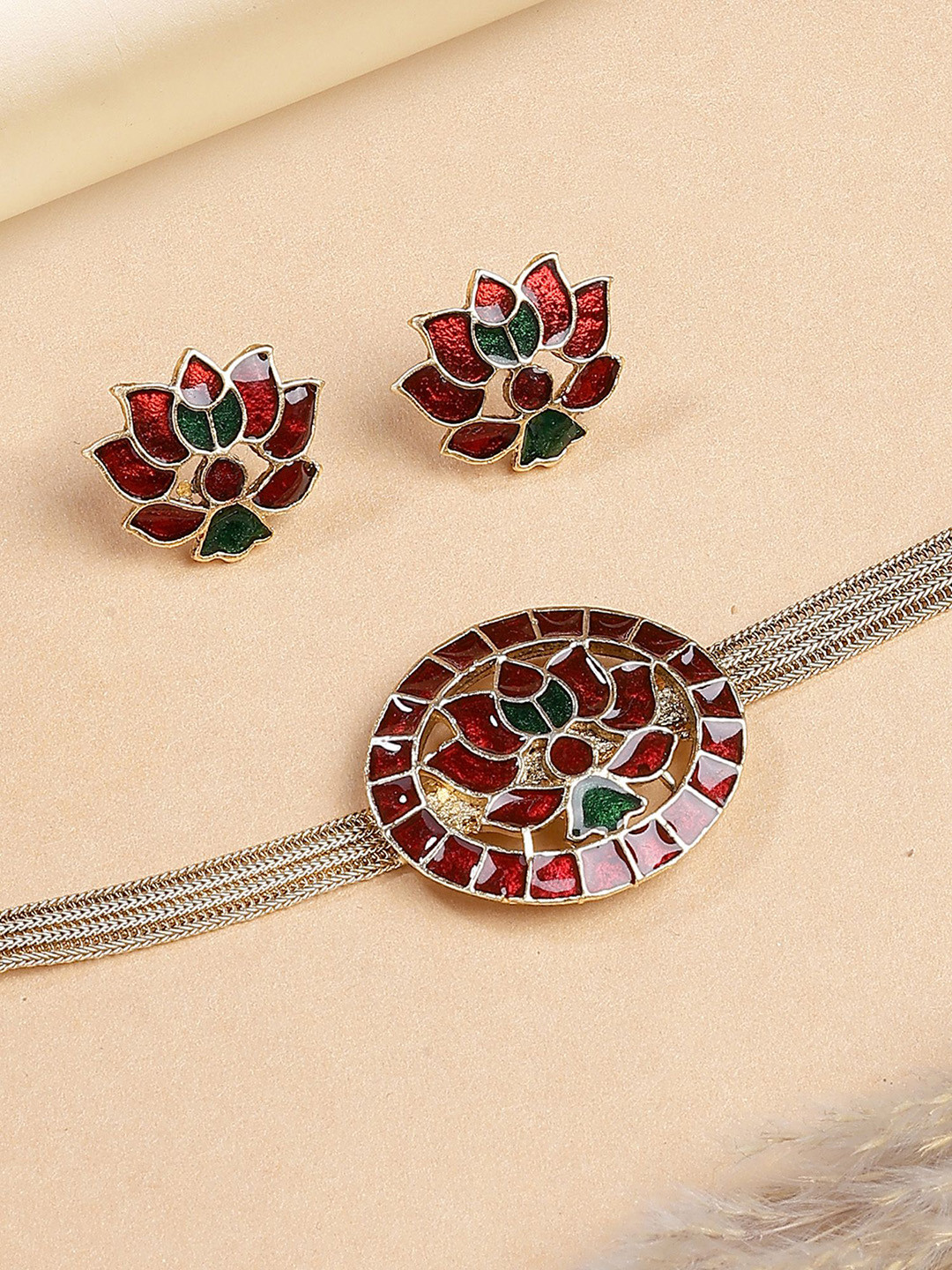 KARATCART Red & Green Lotus Enamel Gold-Plated Temple Jewellery Set For Women