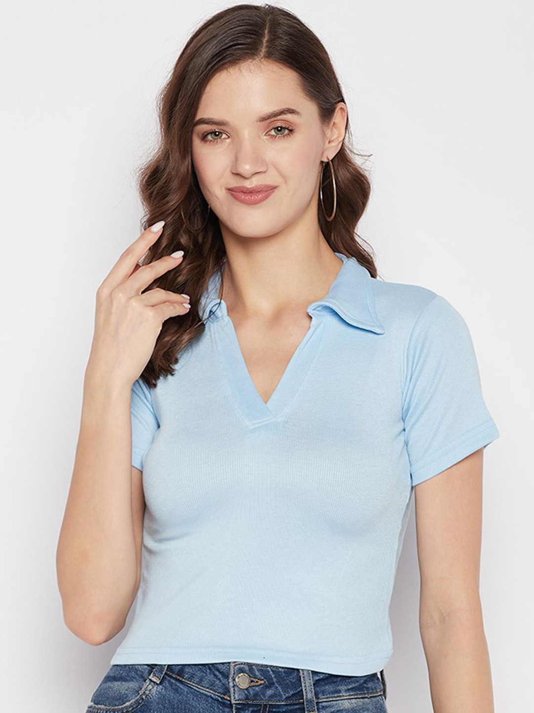 Clora Creation Women Solid Short Sleeves Shirt Collar Regular Top
