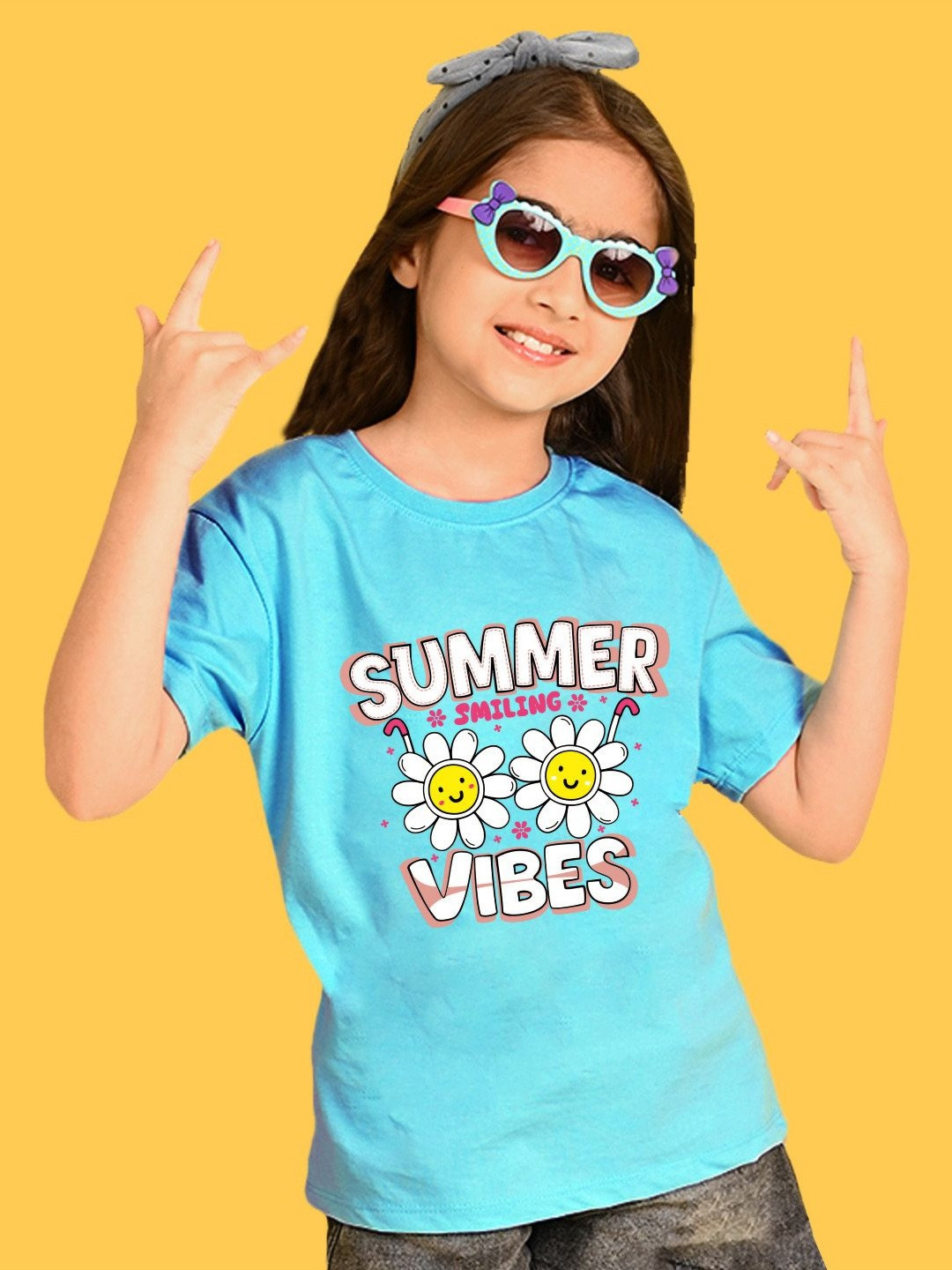 NUSYL Girls Summer Vibes Printed Round Neck Short Sleeves Oversized T-shirt