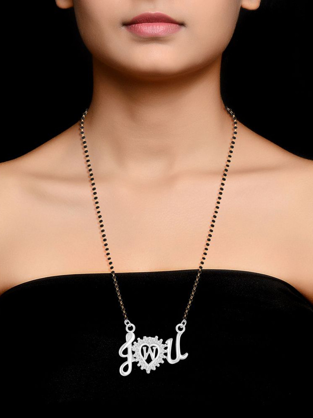 DIVASTRI Silver-Plated CZ With AD Stone Studded & Beaded W Alphabet Pendant Mangalsutra