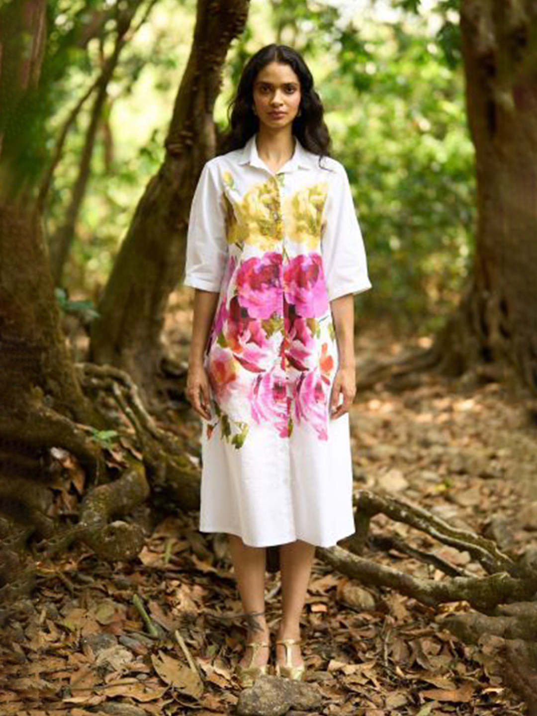 Dash and Dot Women Asymmetric Floral Print Shirt Dress