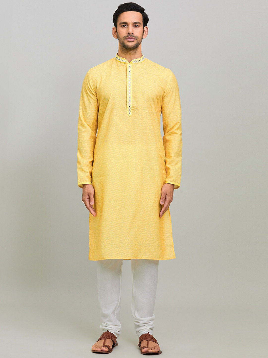 Arihant Rai Sinha Bandhani Printed Mandarin Collar Mirror Work Kurta With Churidar