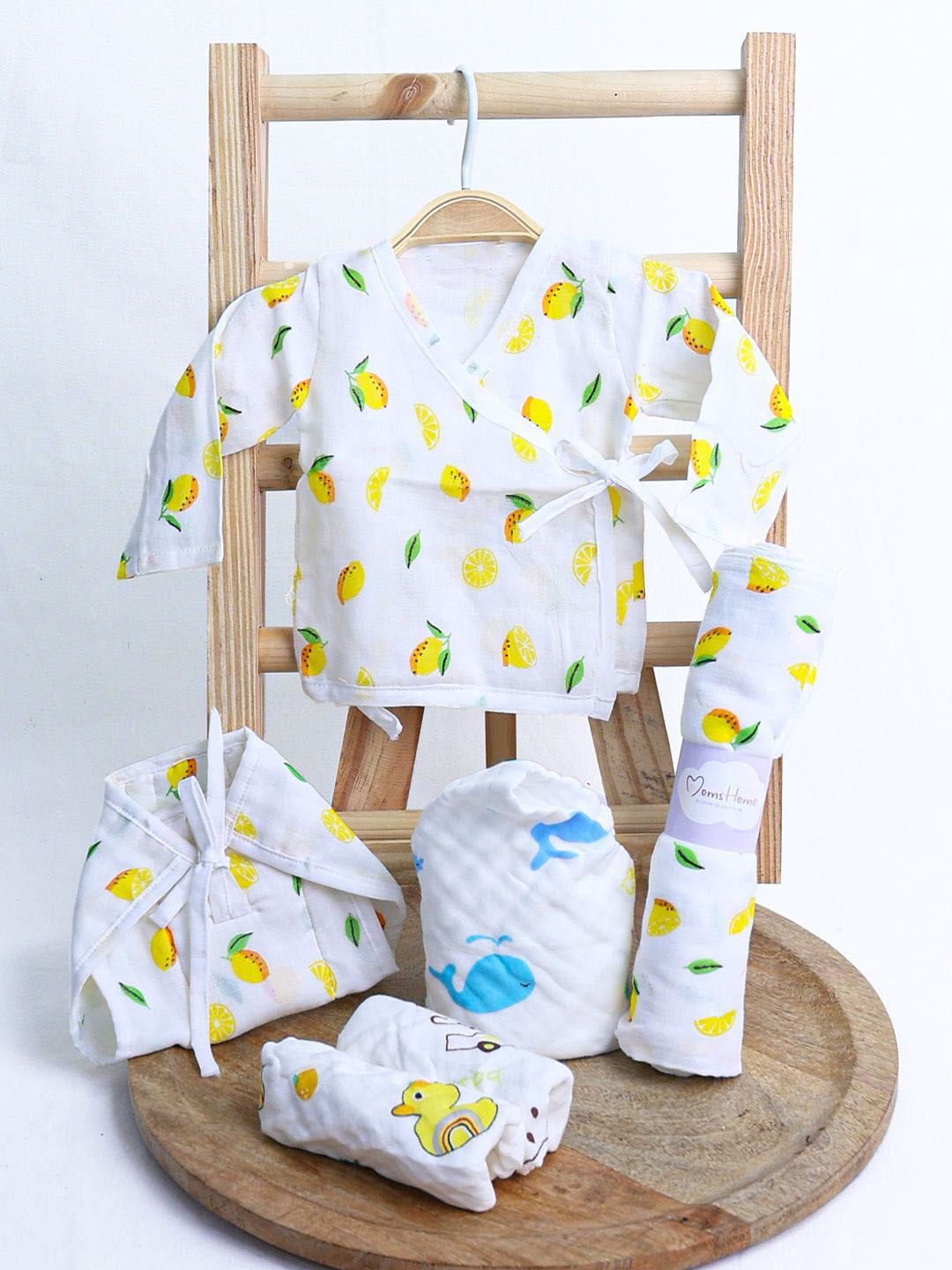 Moms Home Infants Organic Cotton Muslin Gift Combo Set For New Born Baby Lemon - Pack Of 6