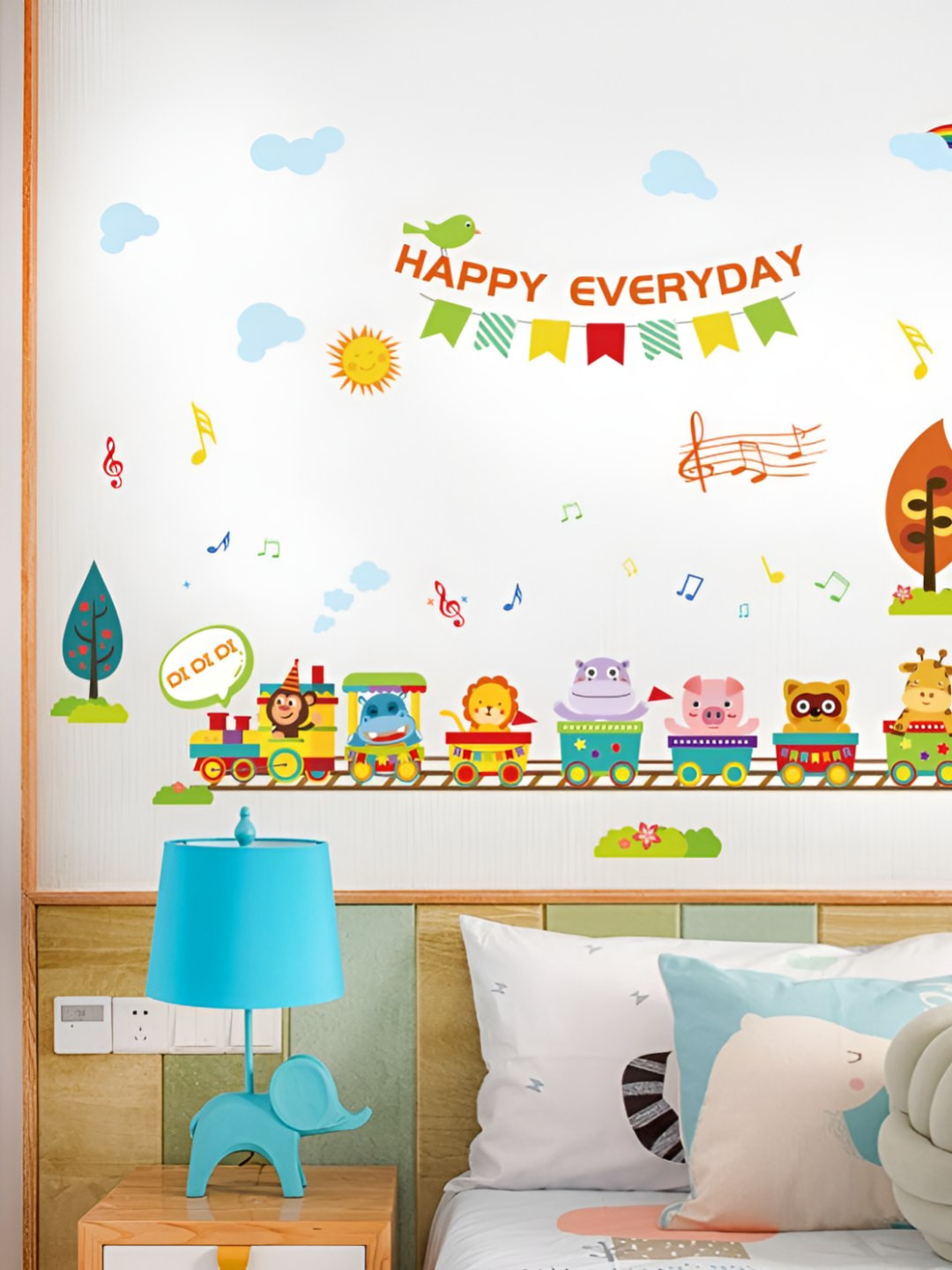 INDIAN ROYALS Green & Blue Cartoon Animal Train Self Adhesive Wall Sticker