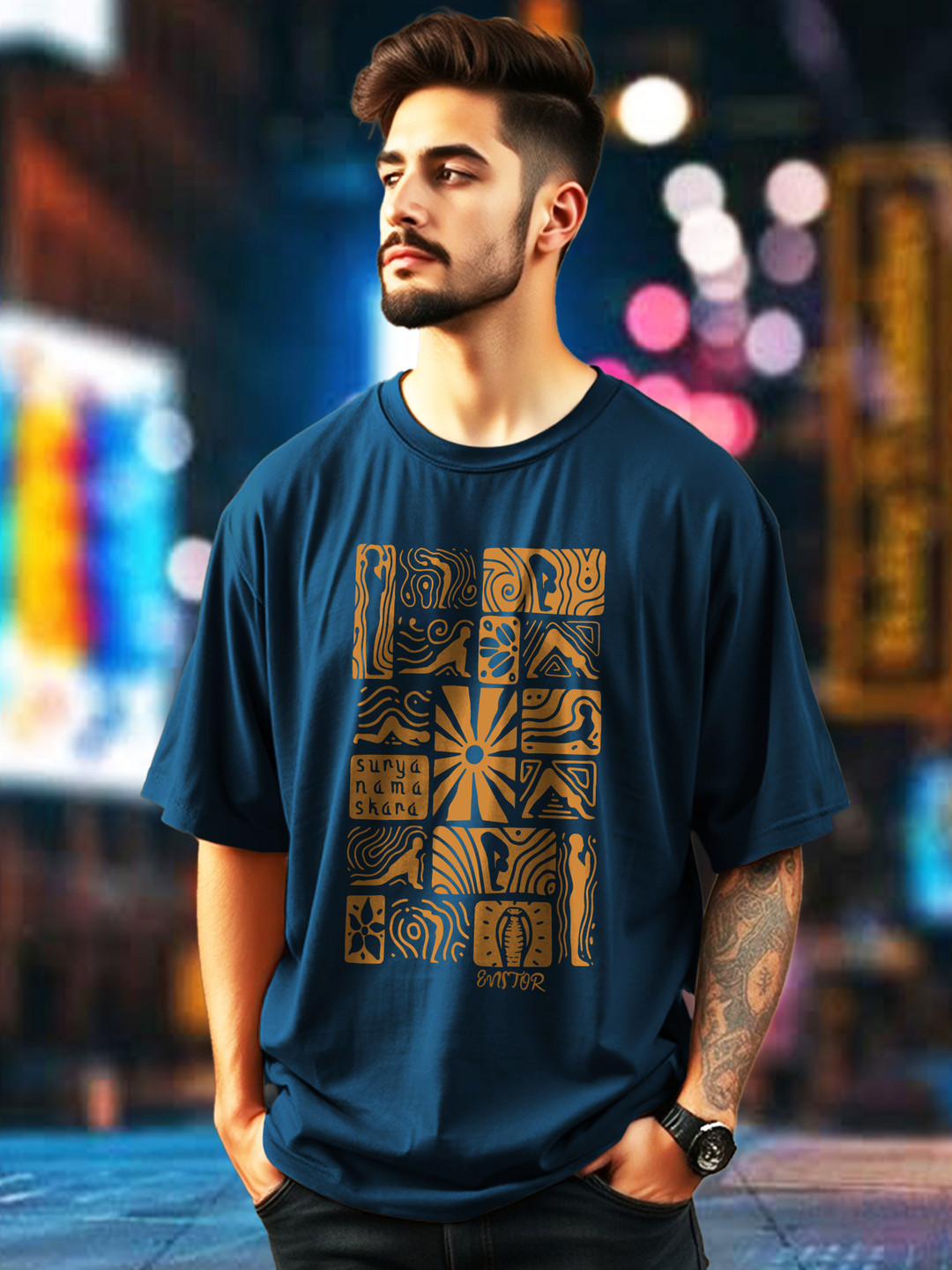 Teal Graphic Printed Oversized T-shirt with Drop-Shoulder Sleeves
