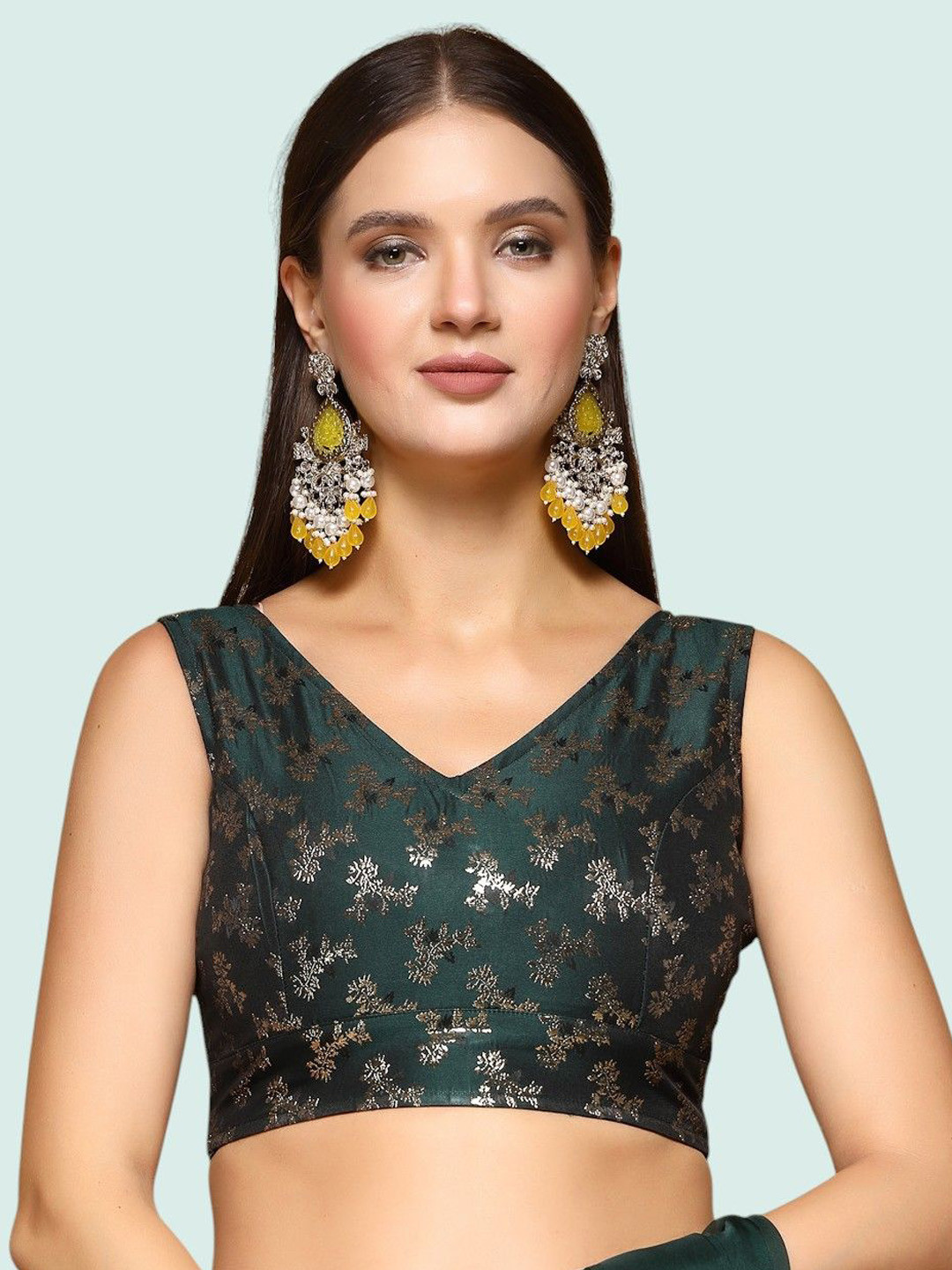 Moda Rapido Woven Design V-Neck Forest Green Saree Blouse